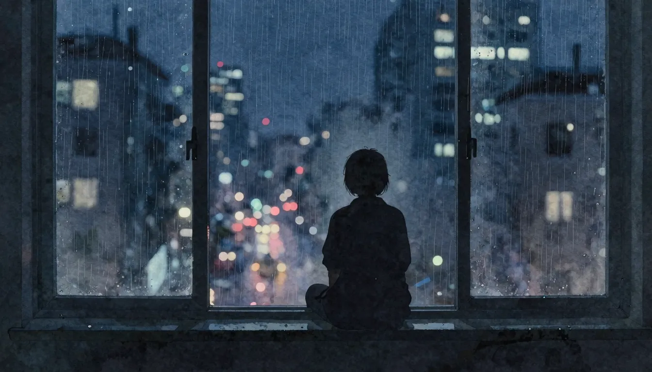 Watercolor style. A lonely silhouette of a person sitting on...