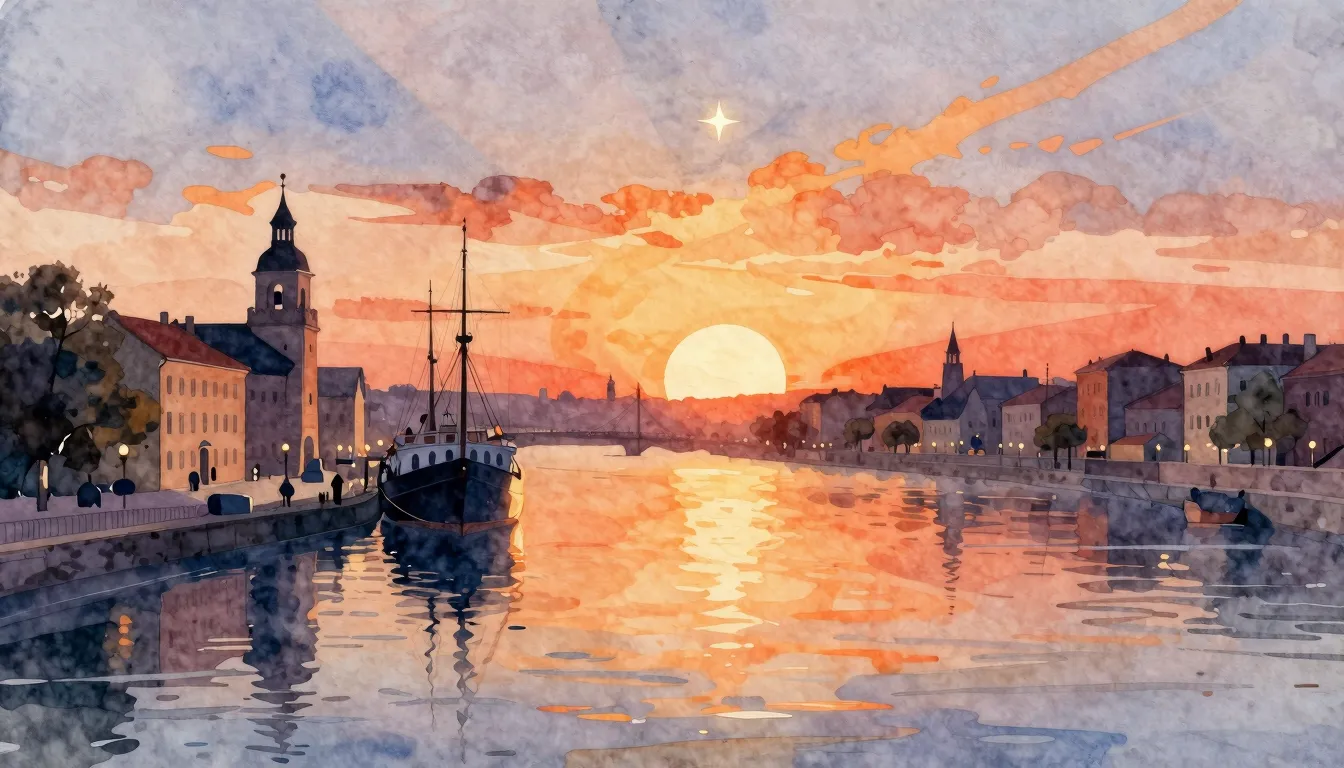 Watercolor style. A wide river reflecting a bright sunrise. ...