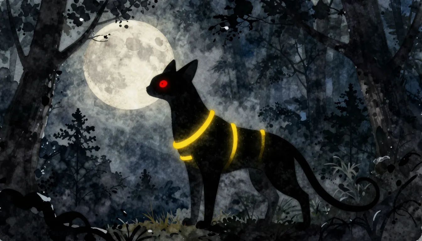 Watercolor style. A sleek black creature with glowing yellow...