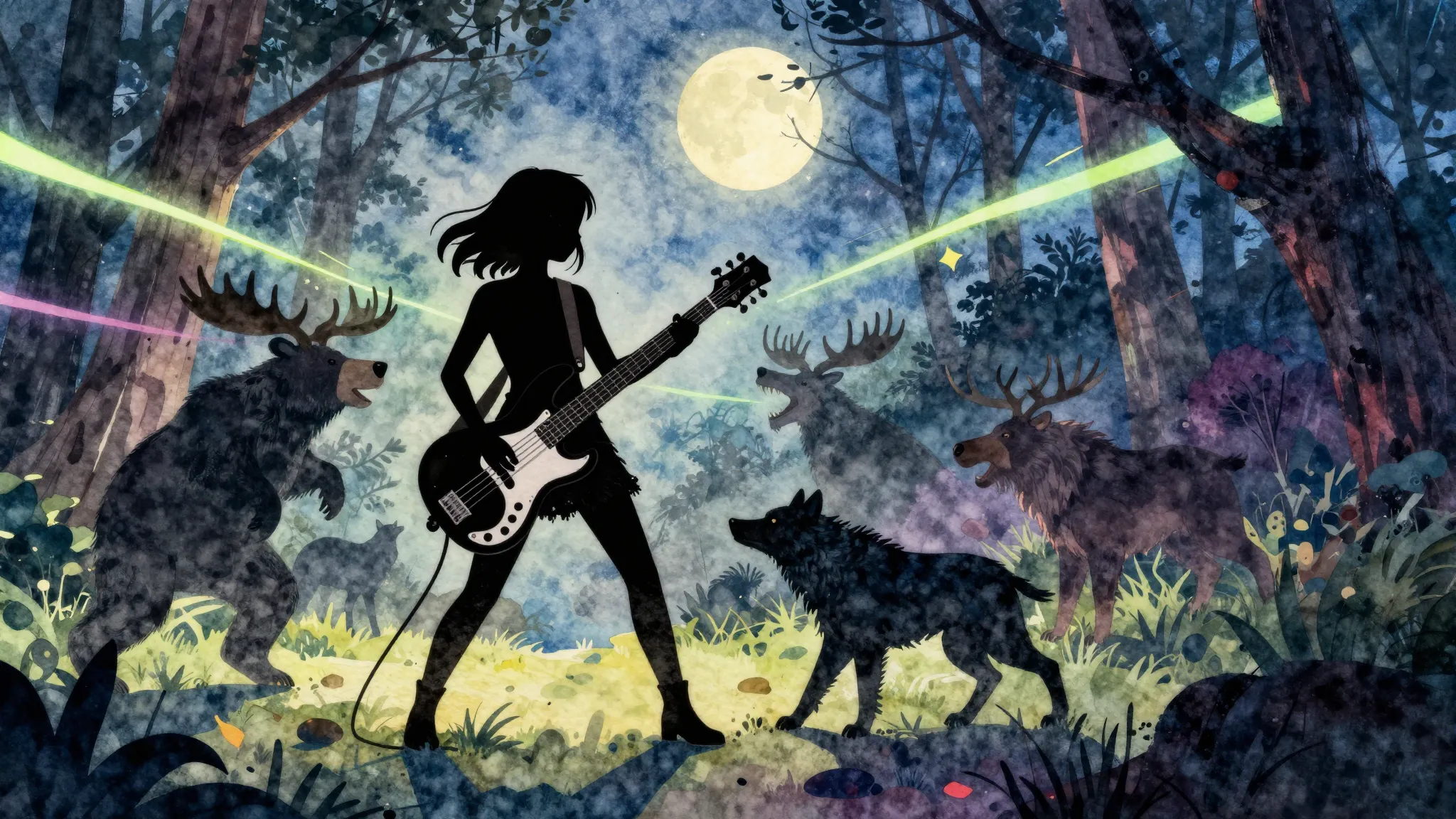 Watercolor style. A vibrant, chaotic forest scene at night. ...