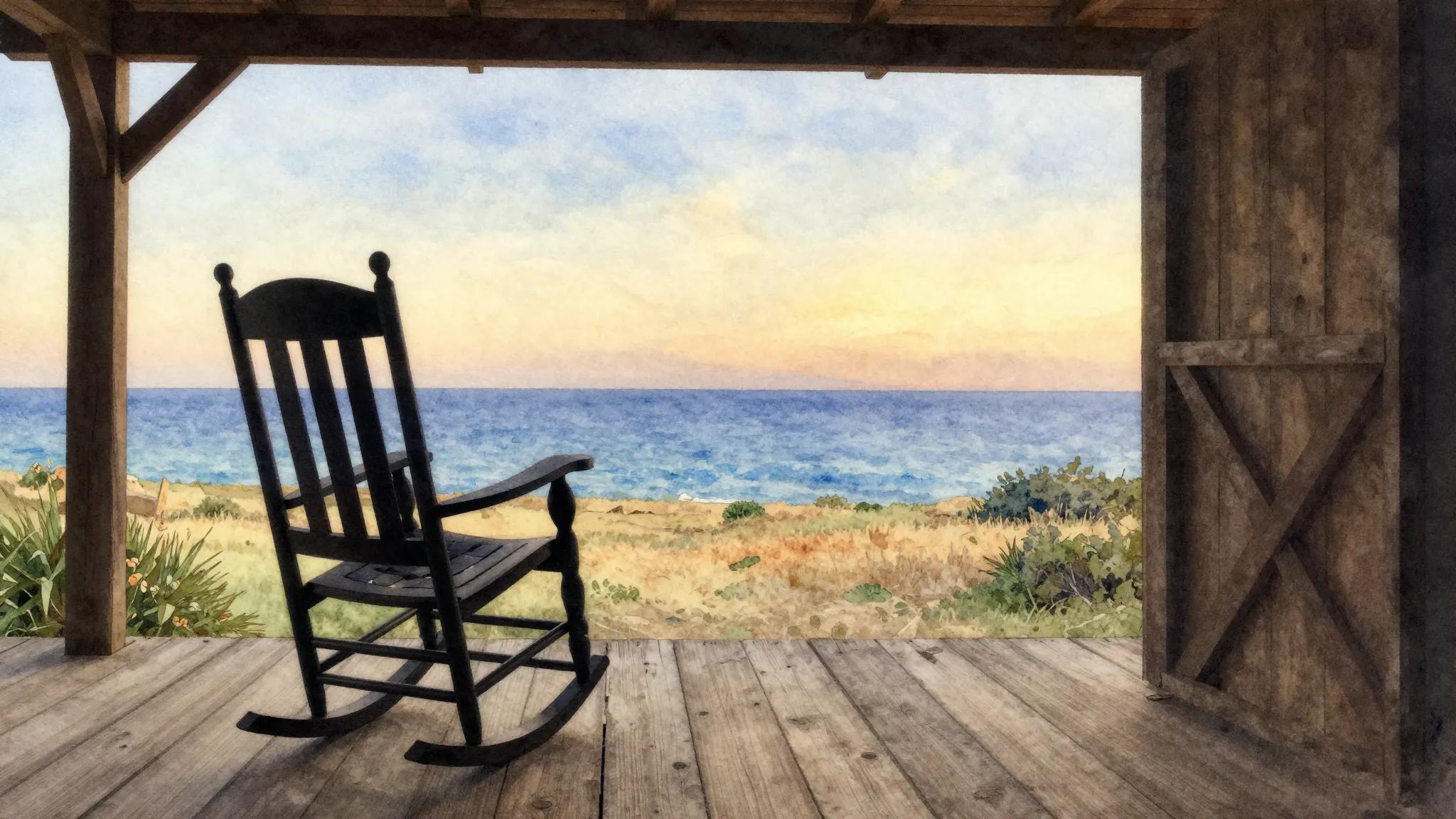 Watercolor style. A silhouette of a rocking chair on a woode...