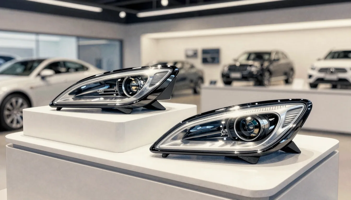 Watercolor style. Two sleek car headlights on a clean displa...