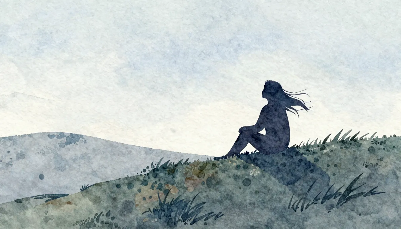 Watercolor style. A serene landscape with a solitary silhoue...