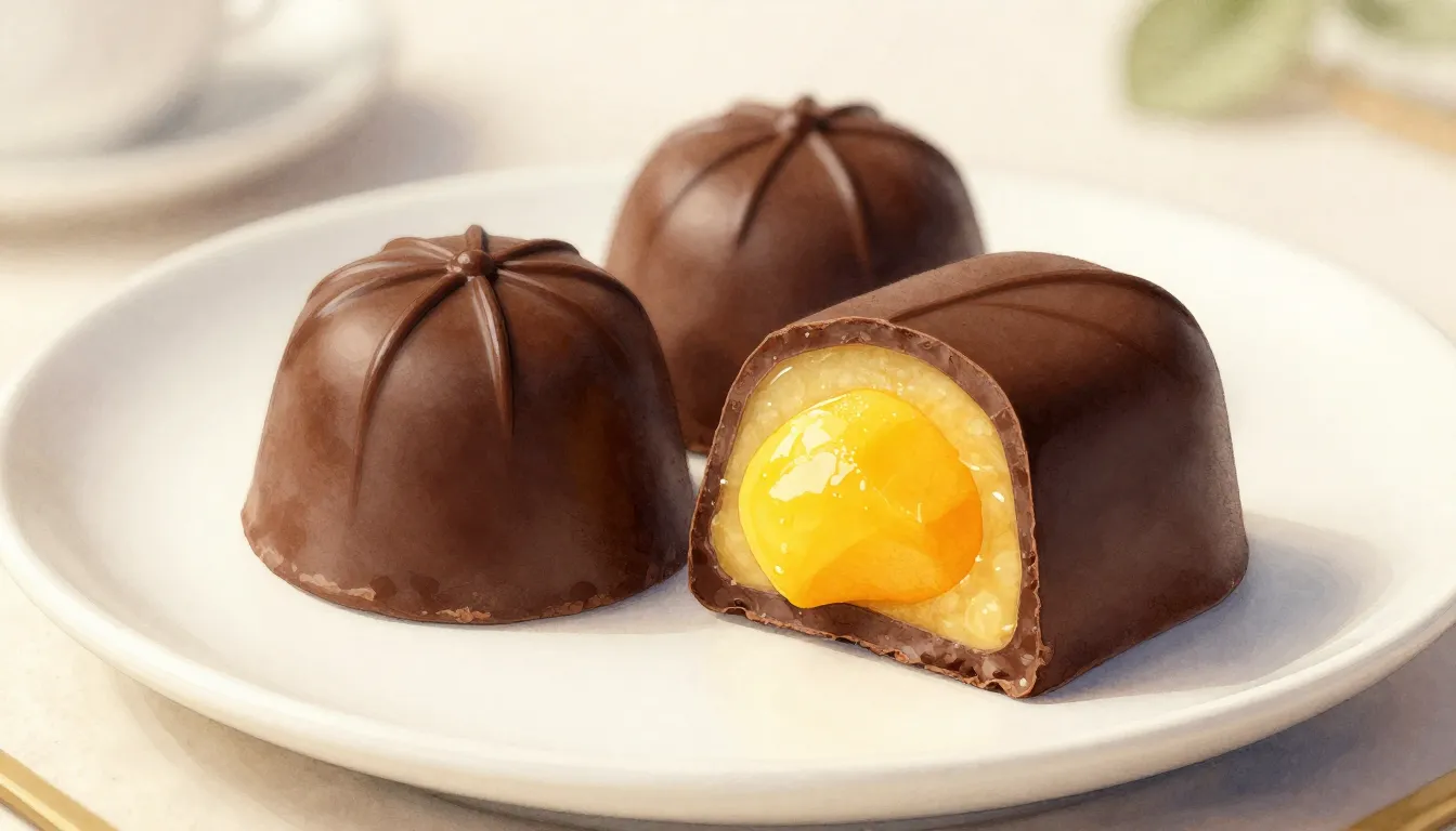 Watercolor style. Elegant dark chocolate candies on a minima...