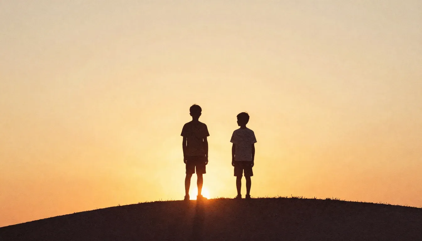Watercolor style. A silhouette of two brothers standing on a...