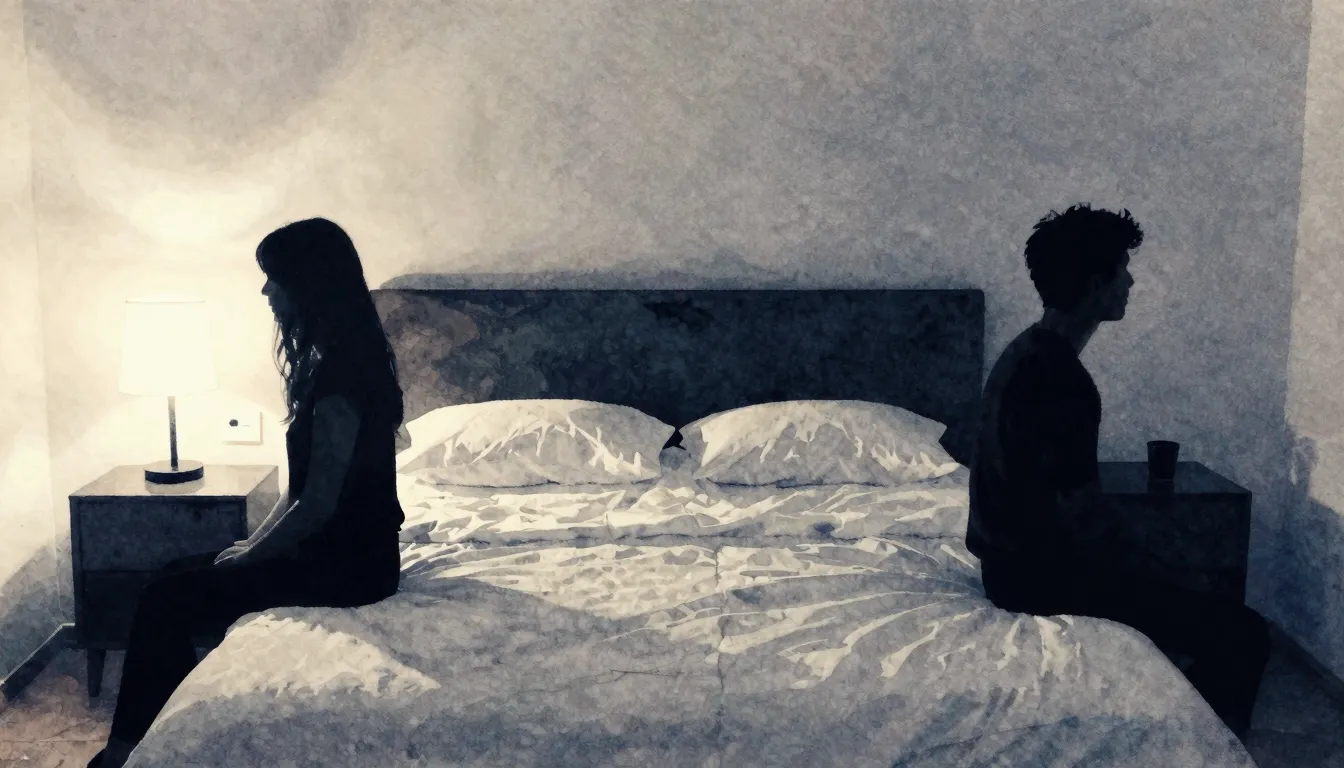 Watercolor style. Two dark silhouettes sitting on opposite e...