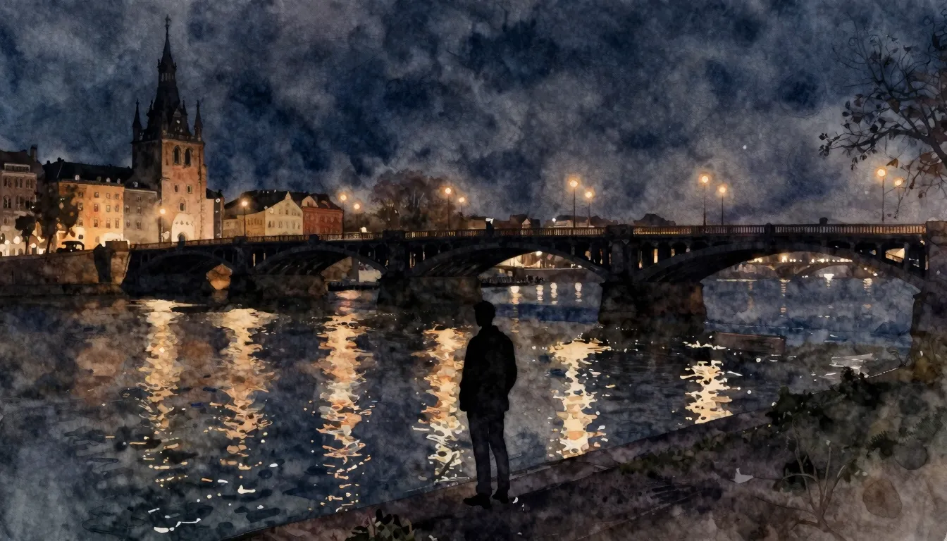 Watercolor style. Night city landscape, river, drawn bridge,...