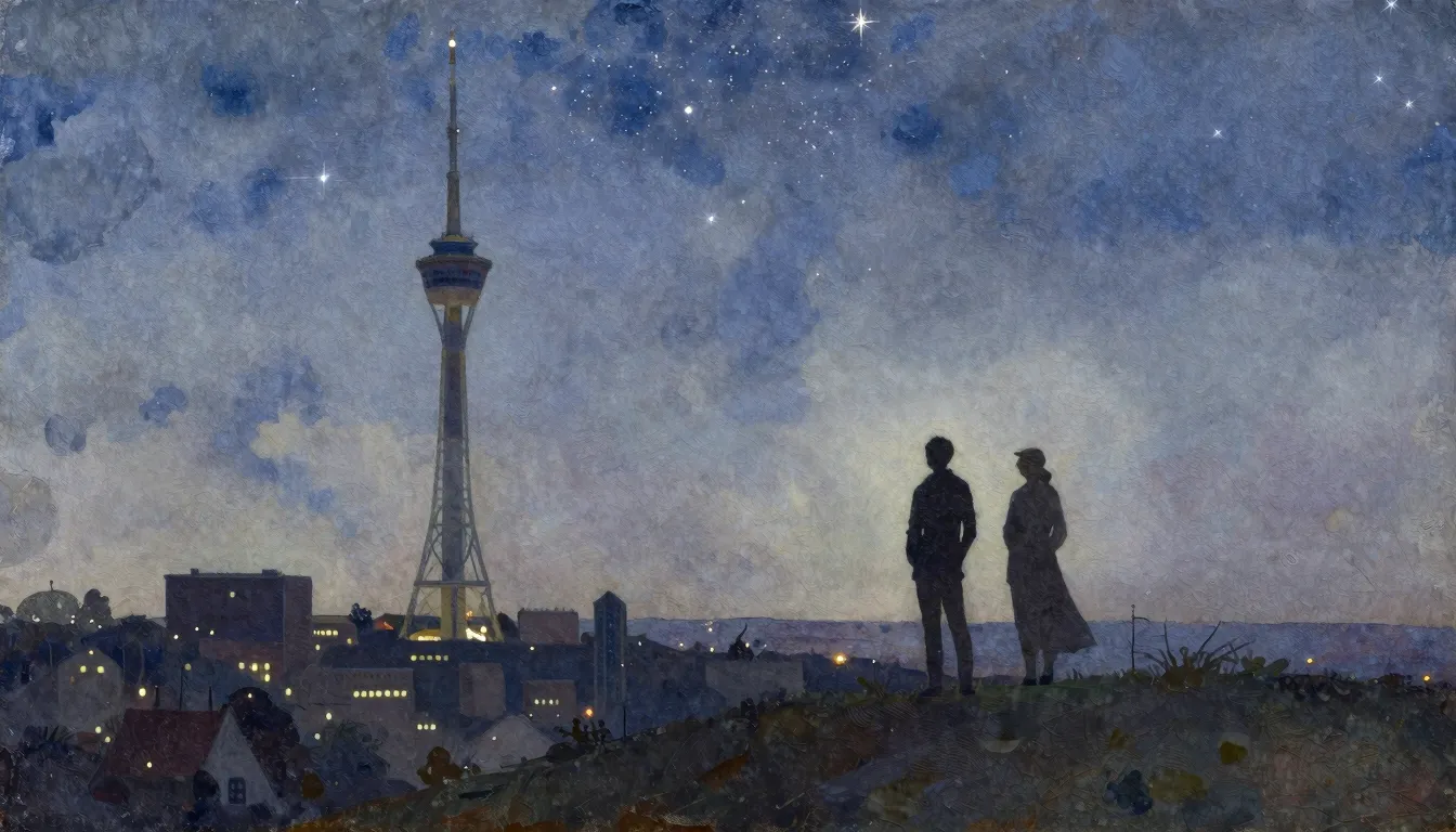 Watercolor style. A silhouette of two figures standing on a ...