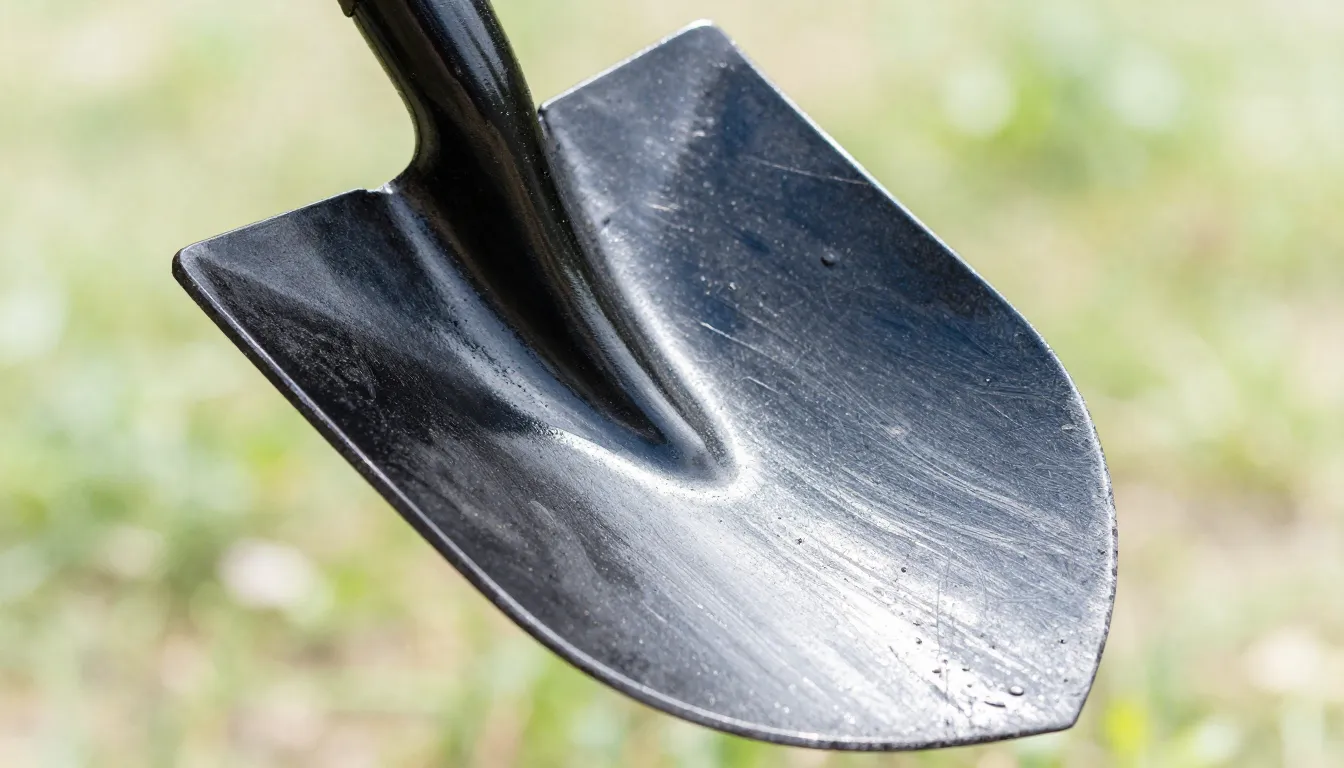 Watercolor style. Close-up of a durable steel shovel blade w...