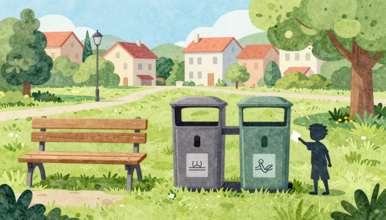 Watercolor style. A sunny, clean village park with green gra...