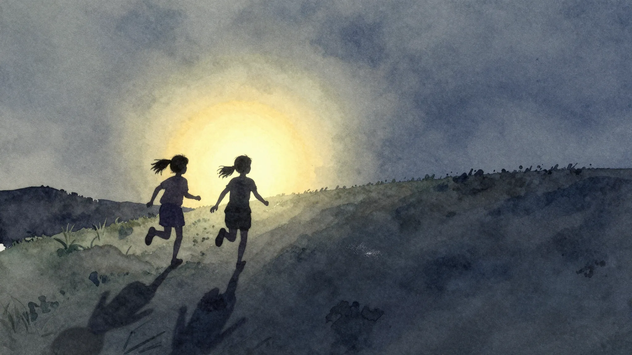 Vibrant watercolor style. Two young girls' silhouettes runni...