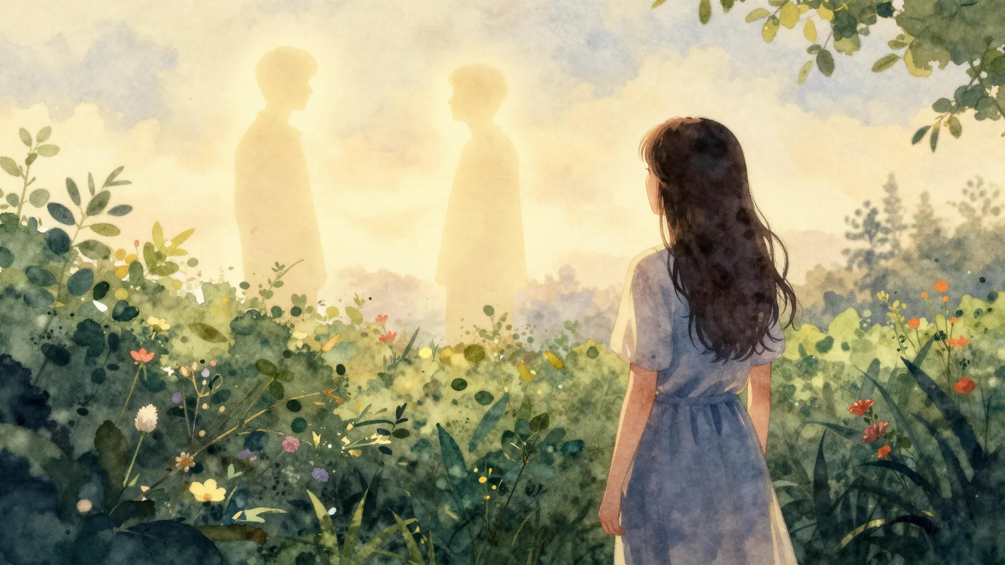 Watercolor style. A silhouette of a young woman standing in ...