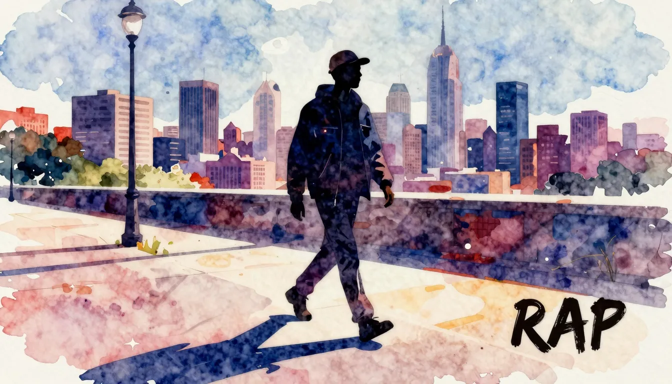 Vibrant watercolor style. Rap album cover, street style, urb...