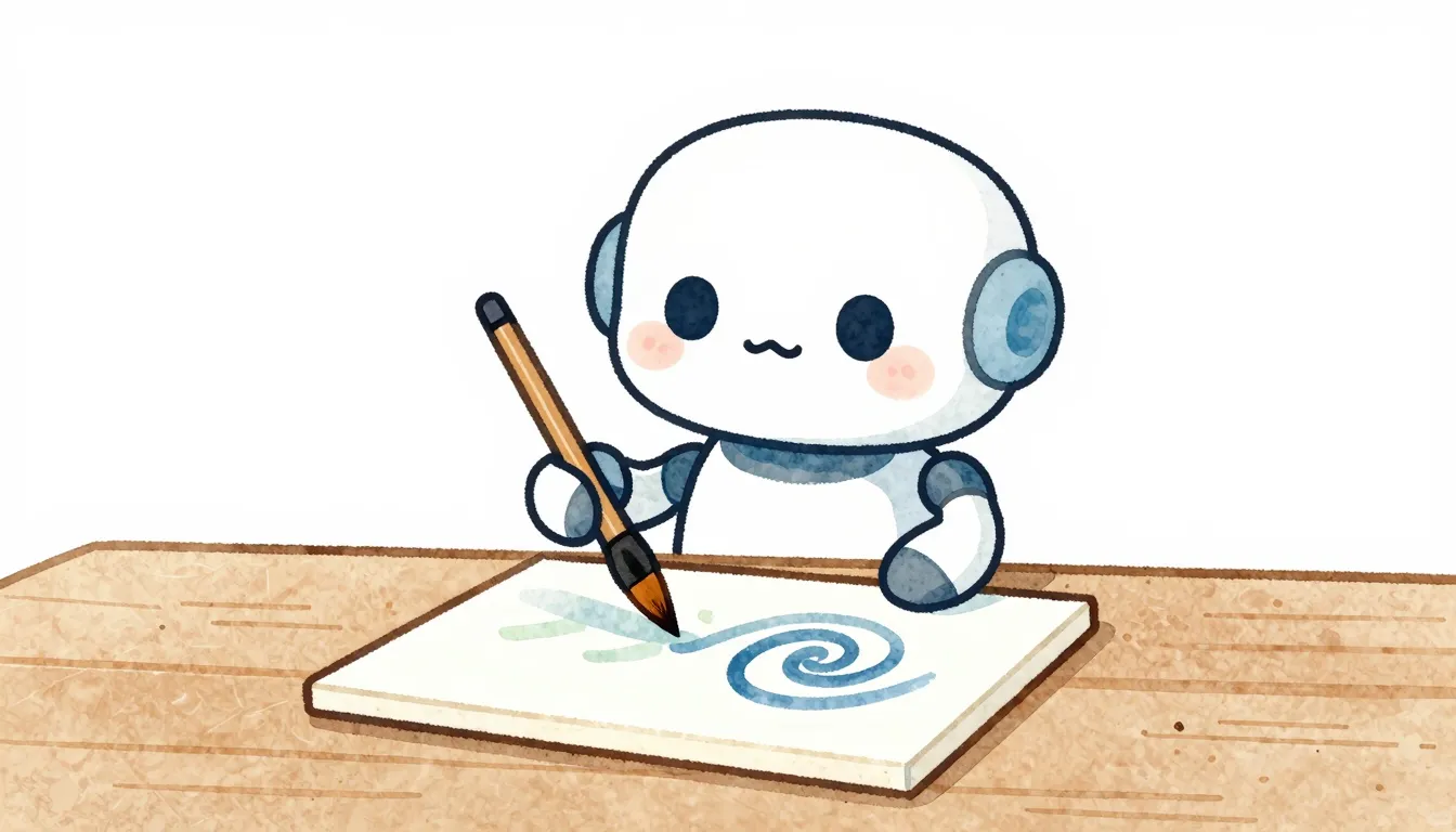 Watercolor style. A cute friendly robot sitting at a wooden ...