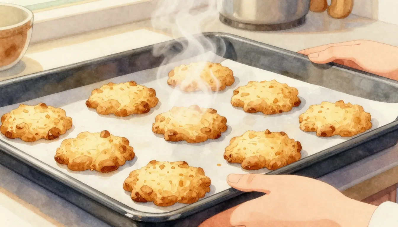 Watercolor style. Close-up of golden brown cookies on a baki...