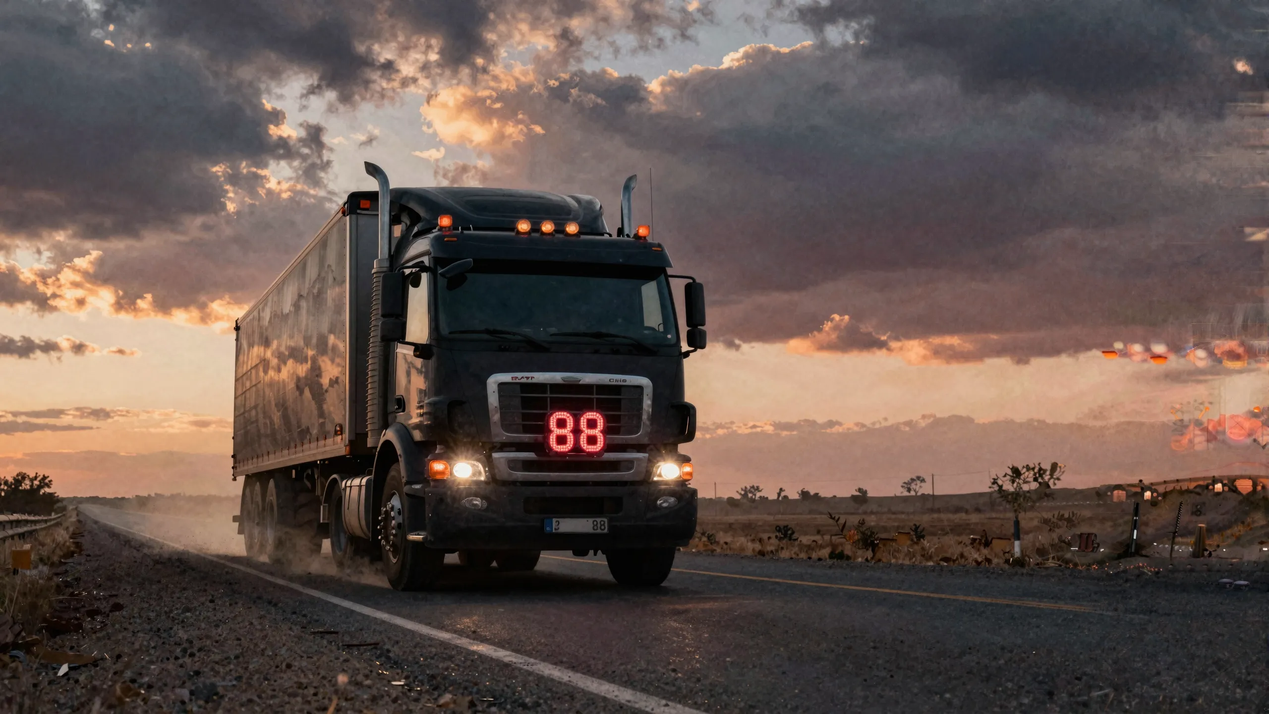 Watercolor style. A dark silhouette of a massive truck drivi...