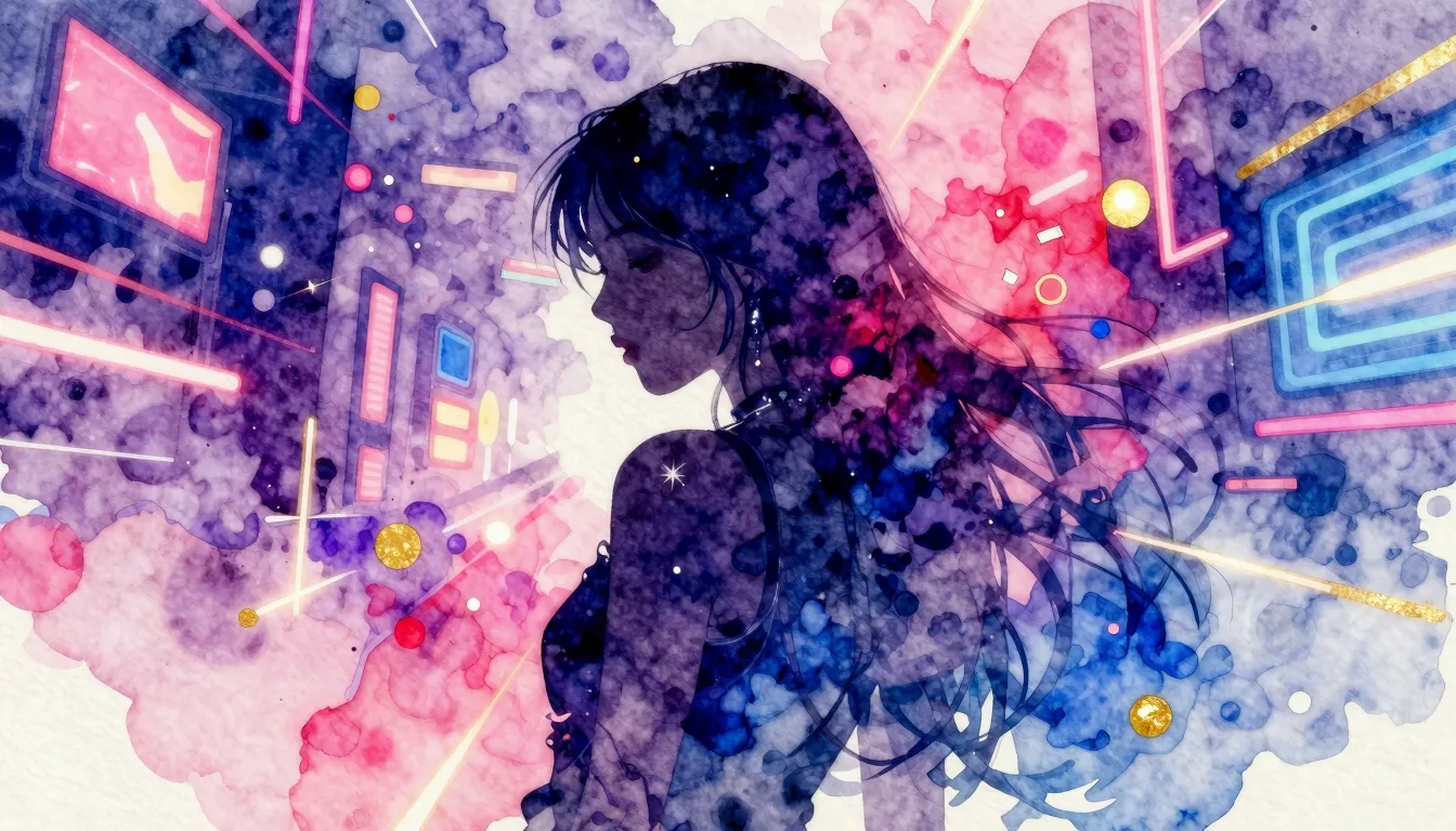 Vibrant watercolor style. Rap song cover art: A woman's silh...