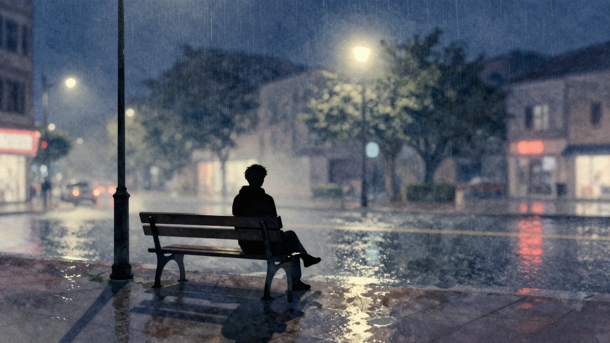 Watercolor style. A silhouette of a lonely person sitting on...