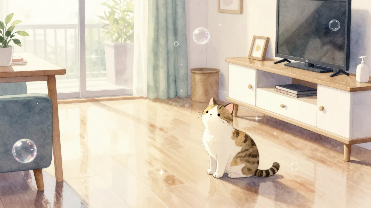 Watercolor style. A cozy apartment interior, sparkling clean...