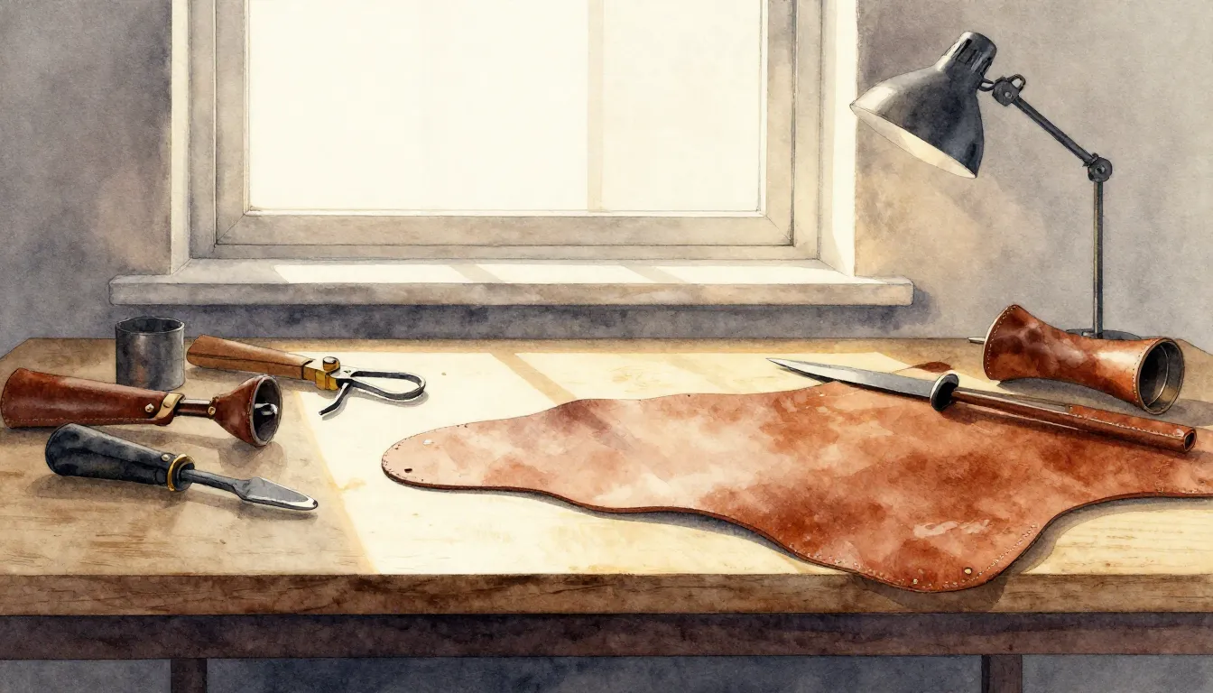 Watercolor style. A minimalist silhouette of a workbench wit...