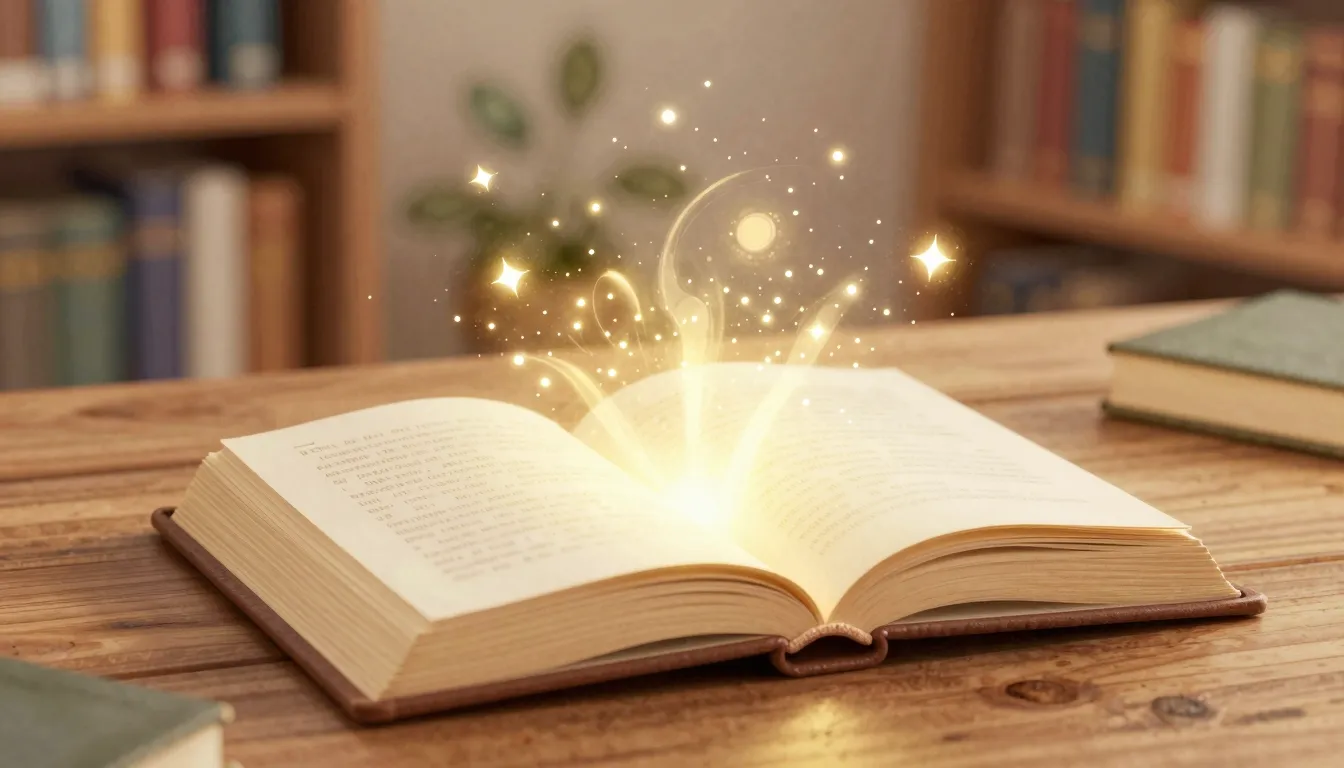 Watercolor style. A magical glowing book lying on a wooden l...