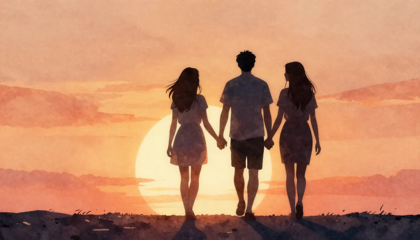 Watercolor style. Two silhouettes walking hand in hand towar...