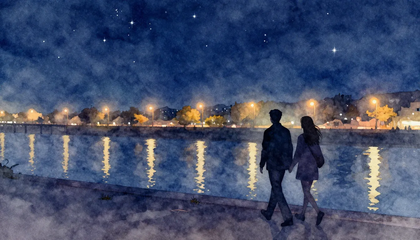 Watercolor style. A silhouette of a couple walking along a c...