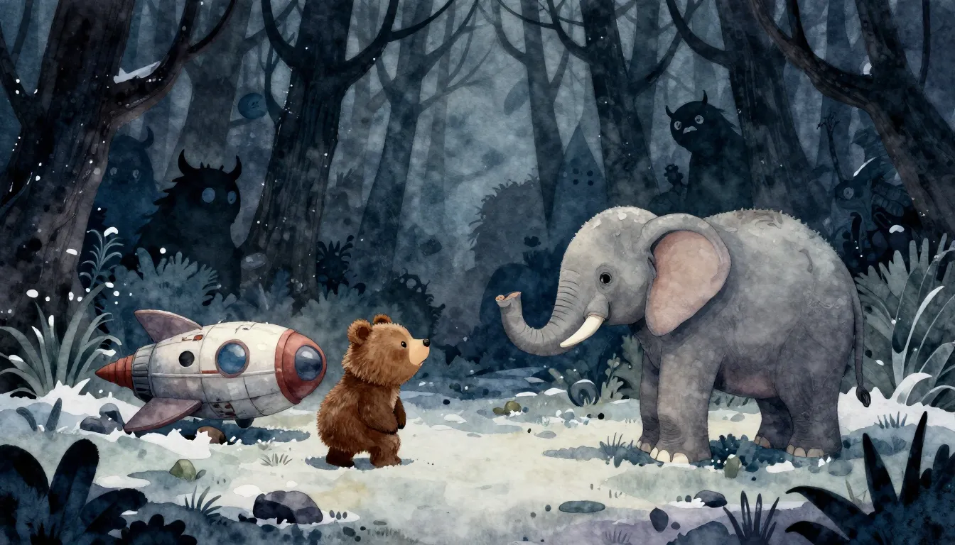 Watercolor style. A dark forbidden forest at night with silh...