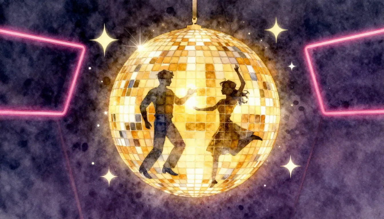 Watercolor style. A glowing disco ball reflecting golden lig...