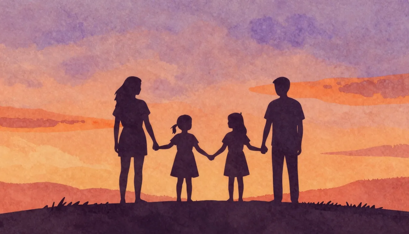 Watercolor style. Four stylized silhouettes of siblings stan...