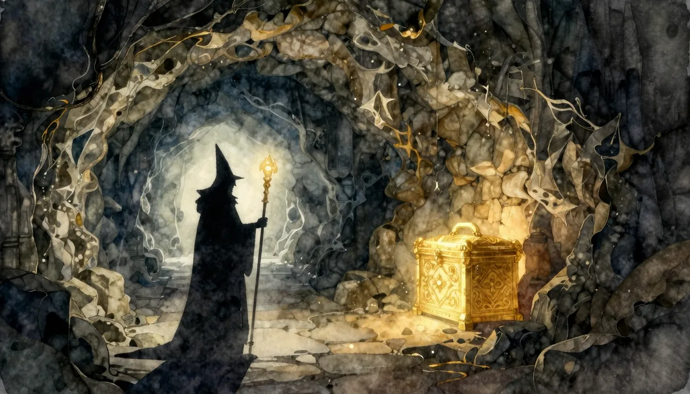Watercolor style. Deep underground cavern with a long stone ...