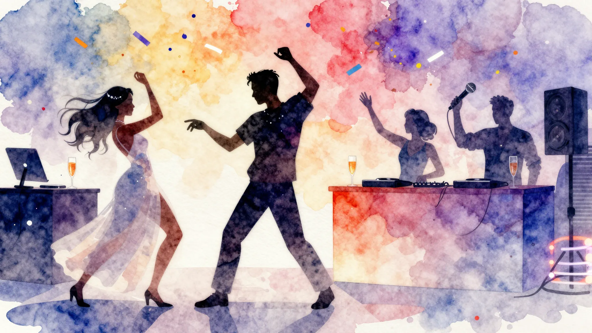 Vibrant watercolor style. Hip-hop. Wedding party, vibrant co...