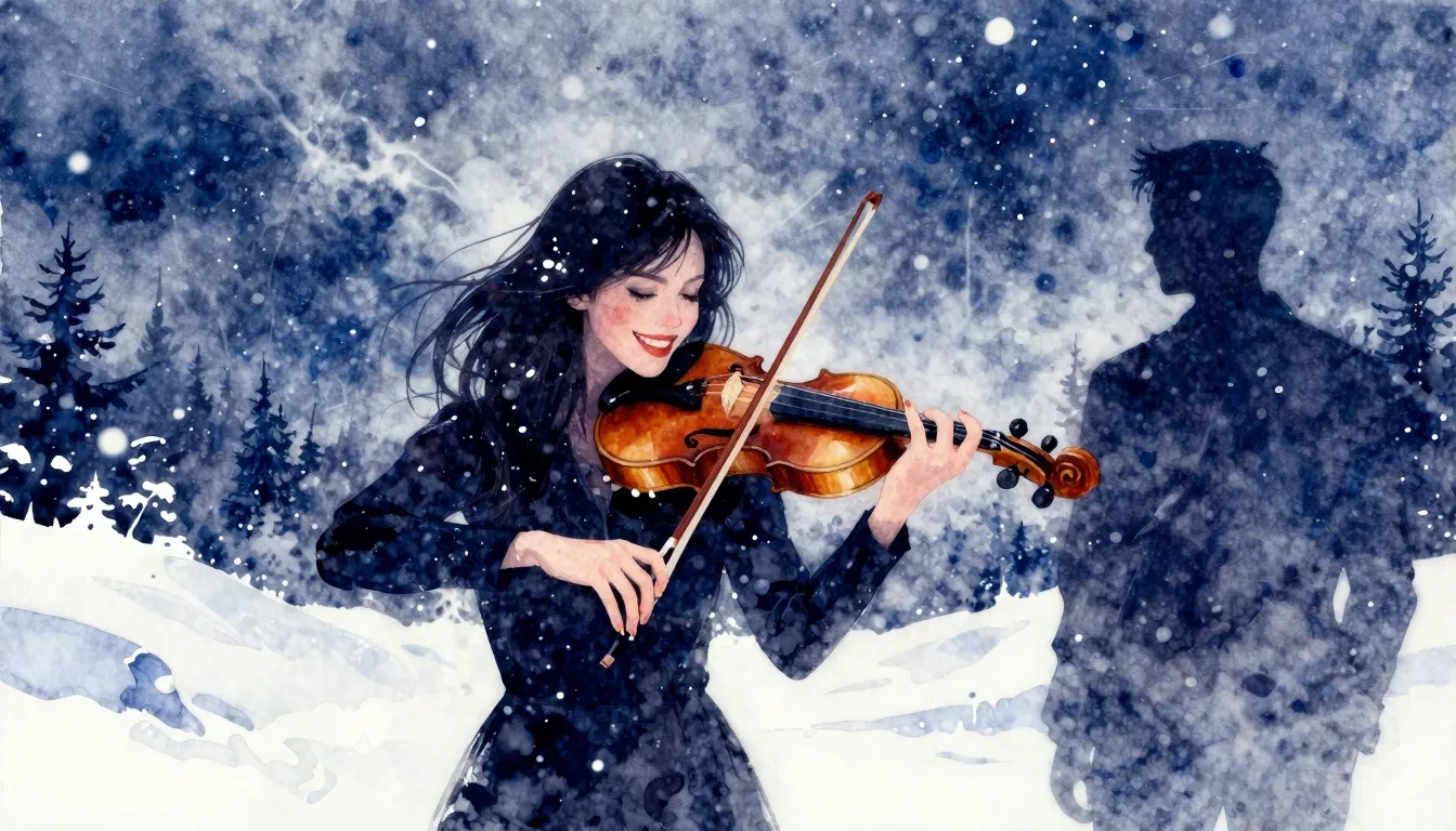 Vibrant watercolor style. A blizzard, a violin, a silhouette...
