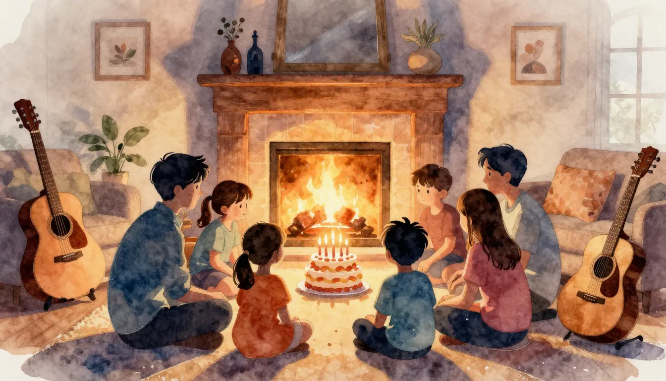 Watercolor style. A cozy living room with a fireplace, silho...