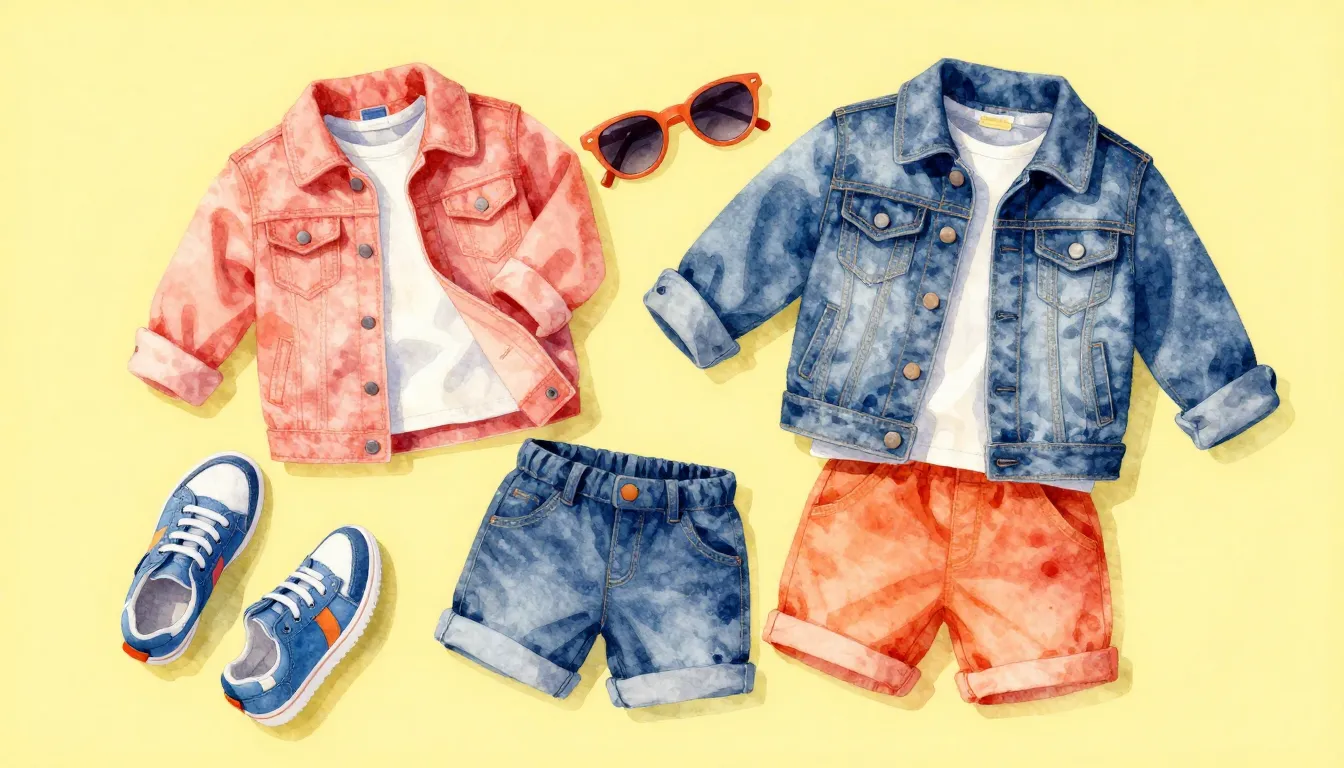 Watercolor style. A stylish flat lay of colorful children's ...