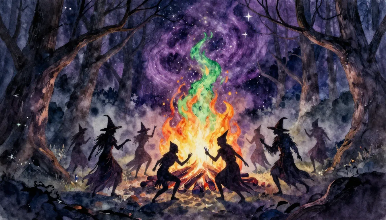 Watercolor style. Dark fantasy forest, silhouettes of witche...