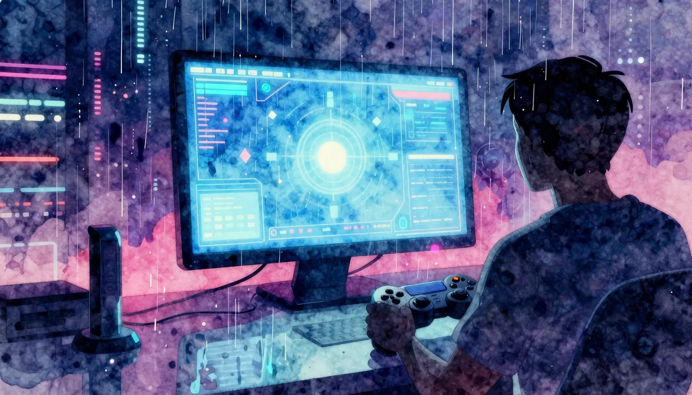 Vibrant watercolor style. Cyberpunk album cover: a glowing b...