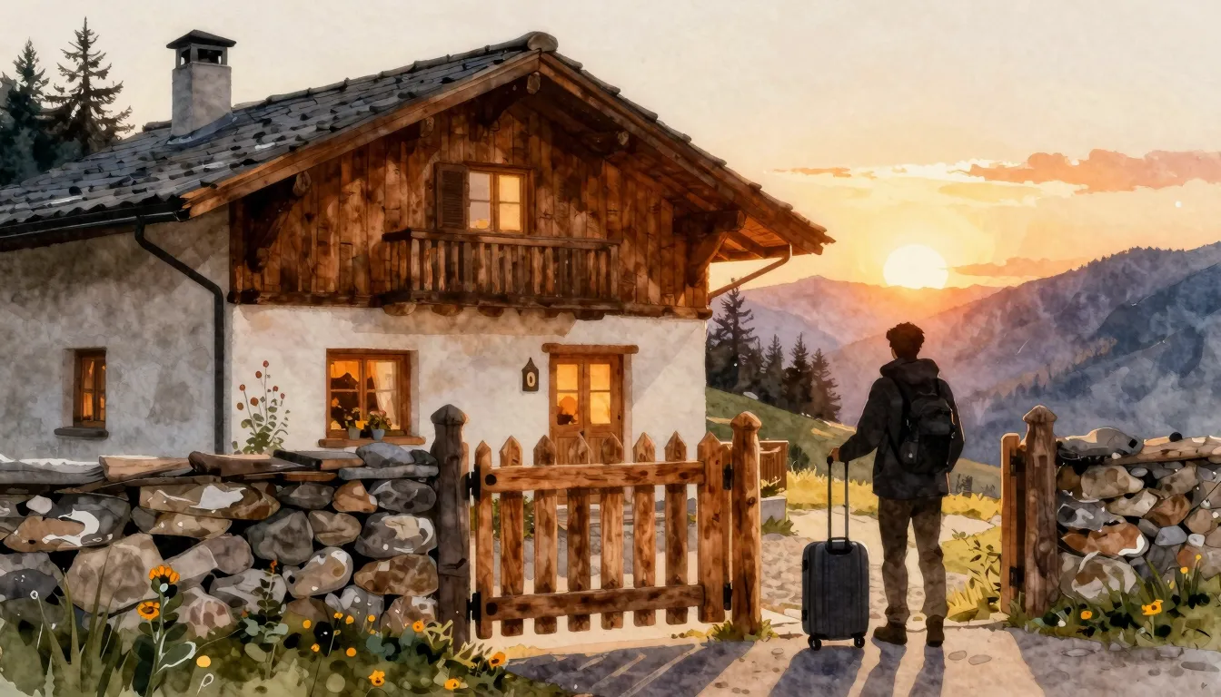 Watercolor style. Cozy mountain guest house with a wooden ga...