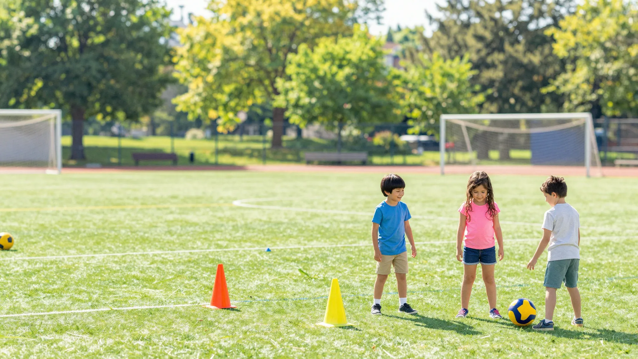 Watercolor style. Bright outdoor sports field with colorful ...