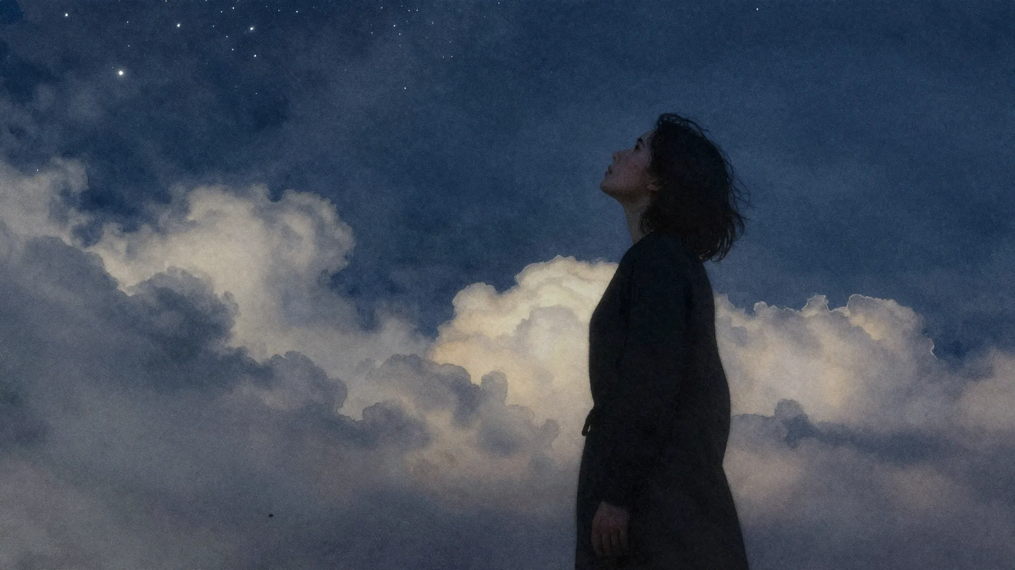 Watercolor style. A dark silhouette of a lonely woman lookin...
