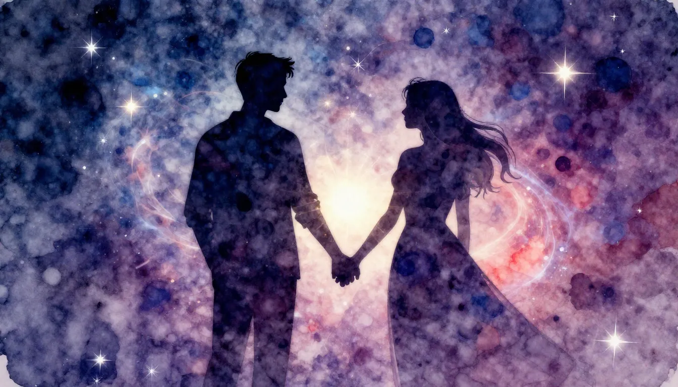 Watercolor style. Silhouette of a man and a woman holding ha...