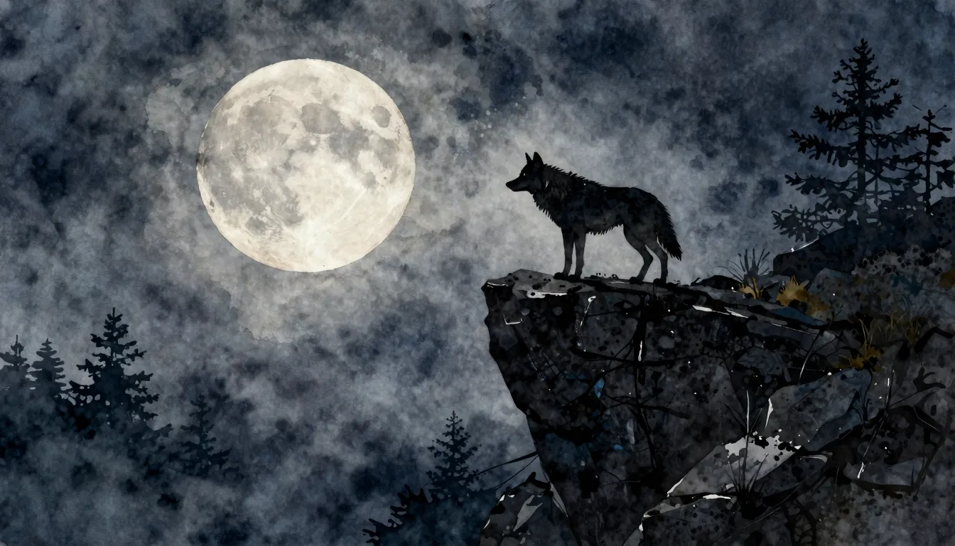 Watercolor style. Silhouette of a lone wolf standing on a hi...