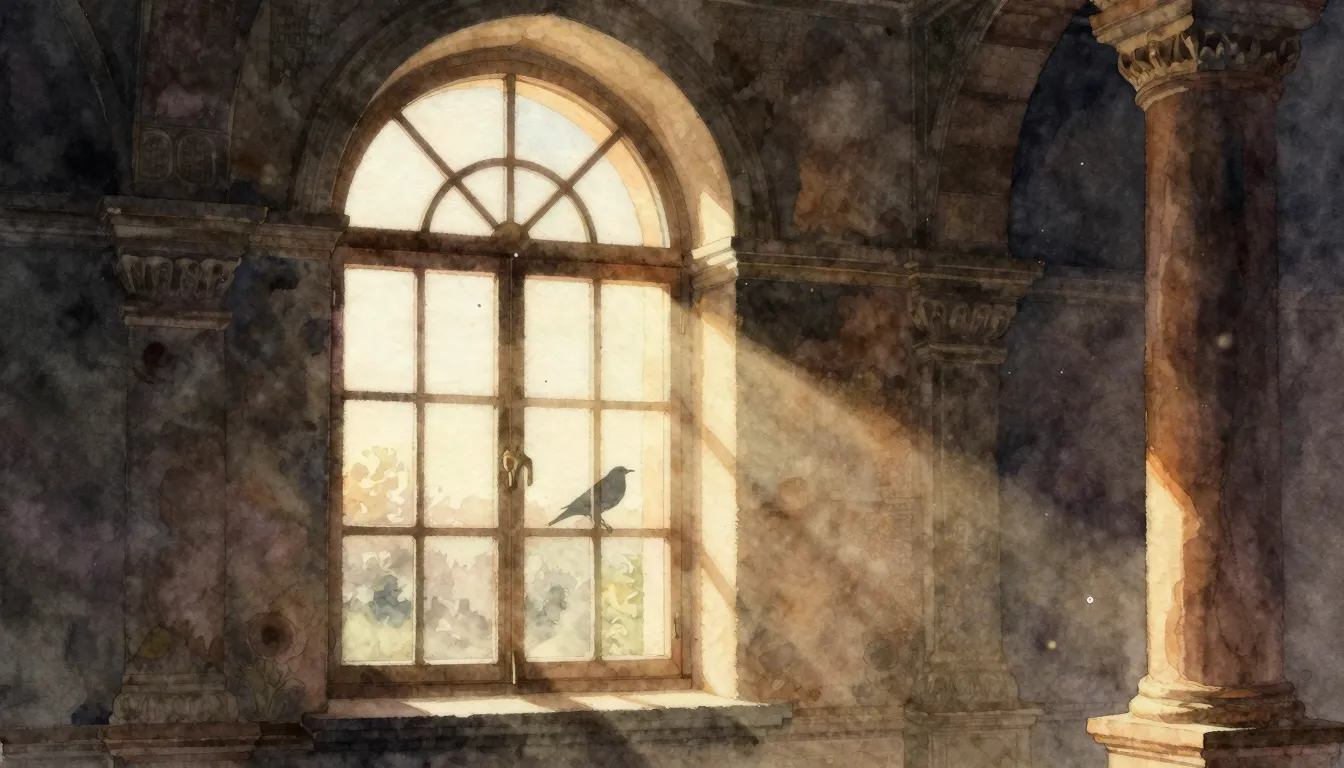 Watercolor style. An old temple interior, a large arched win...