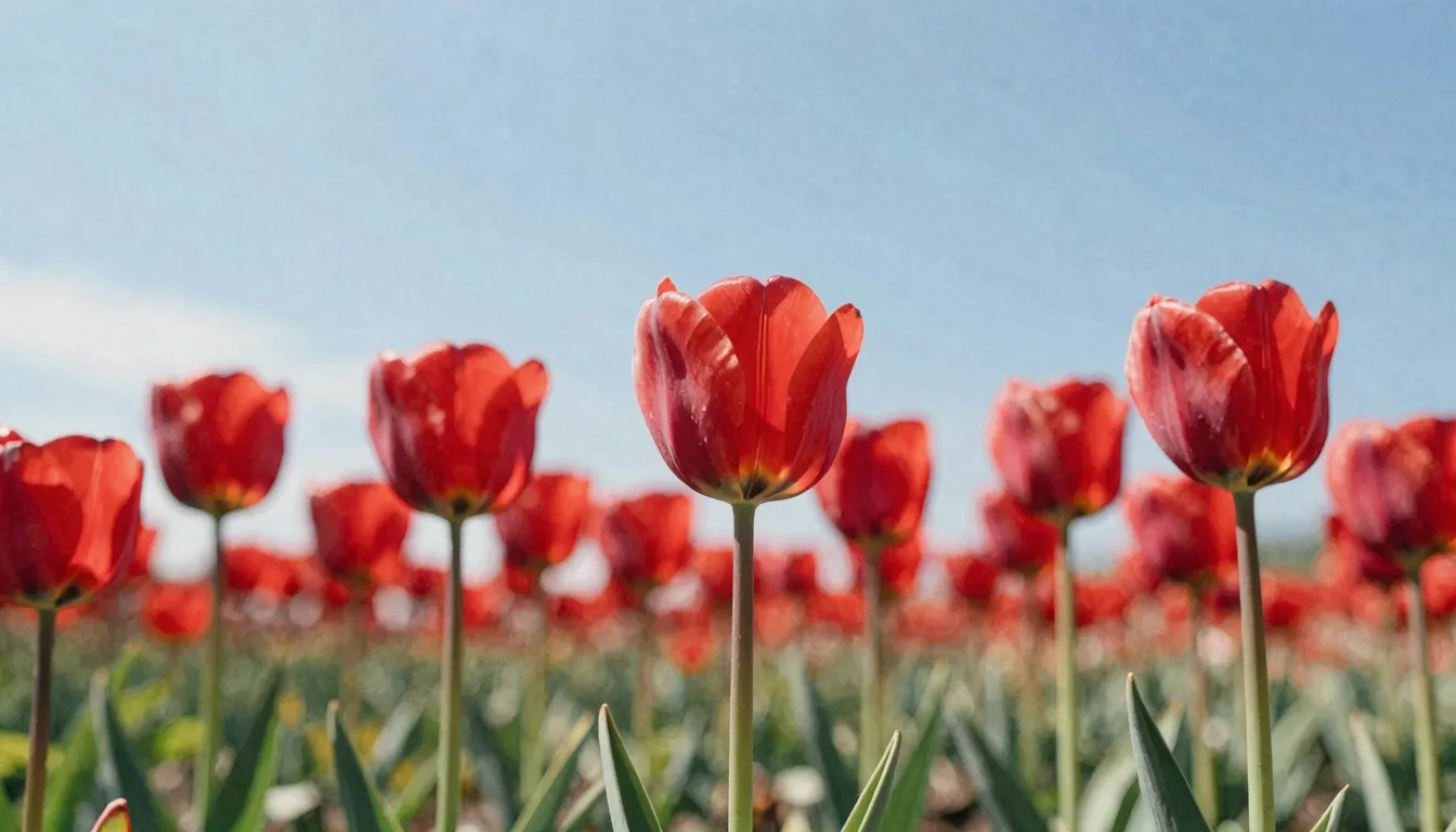Watercolor style. A field of bright red tulips under a clear...