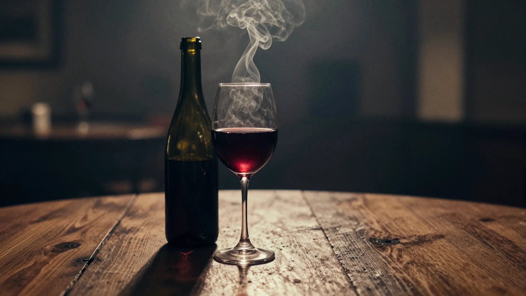 Watercolor style. A silhouette of a glass of wine on a woode...