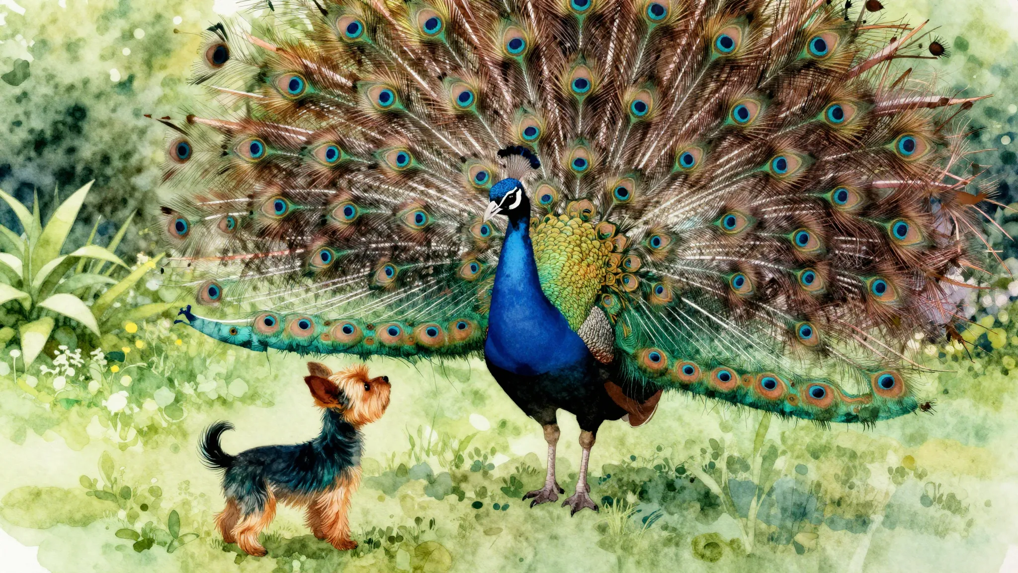 Watercolor style. A silhouette of a tiny Yorkshire Terrier l...