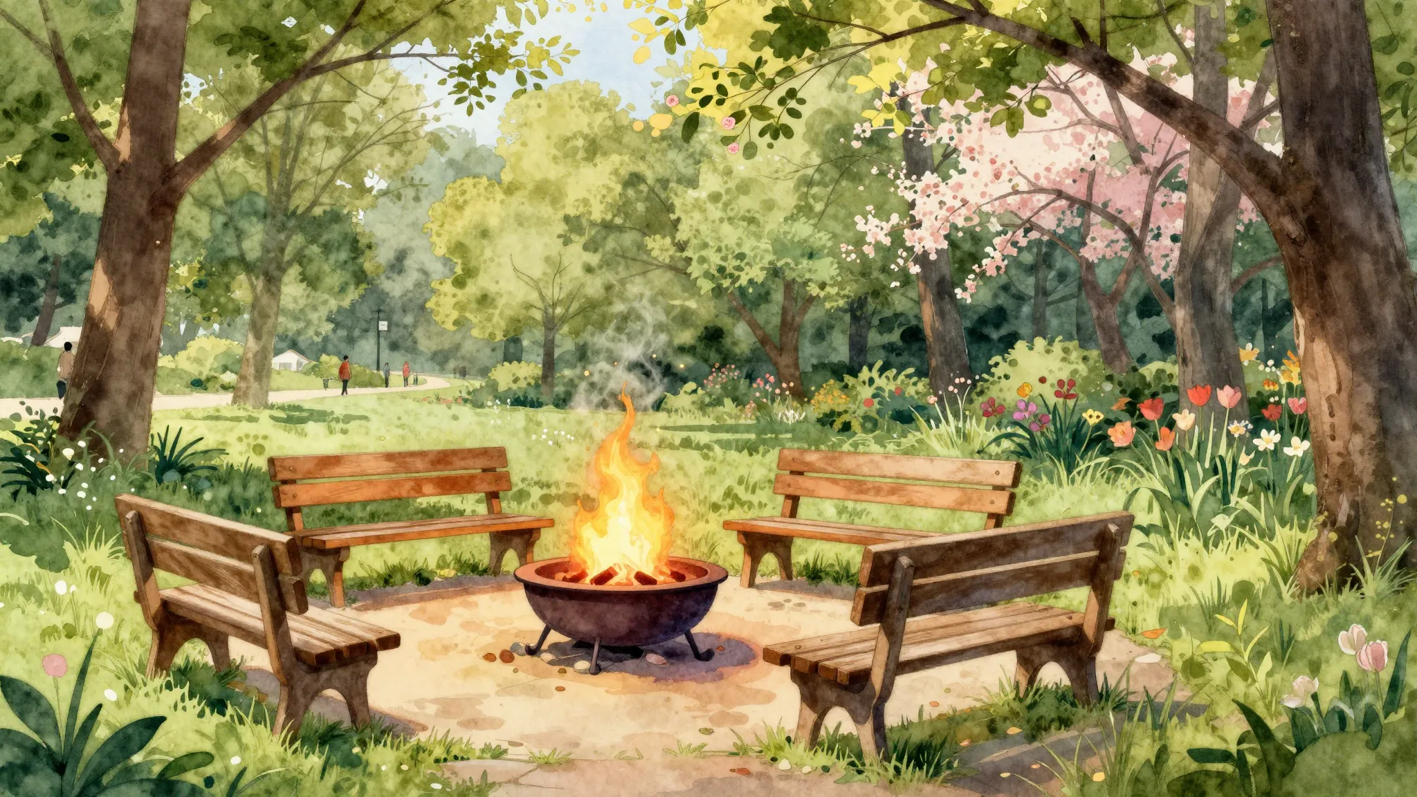 Watercolor style. A beautiful outdoor picnic area in a sprin...