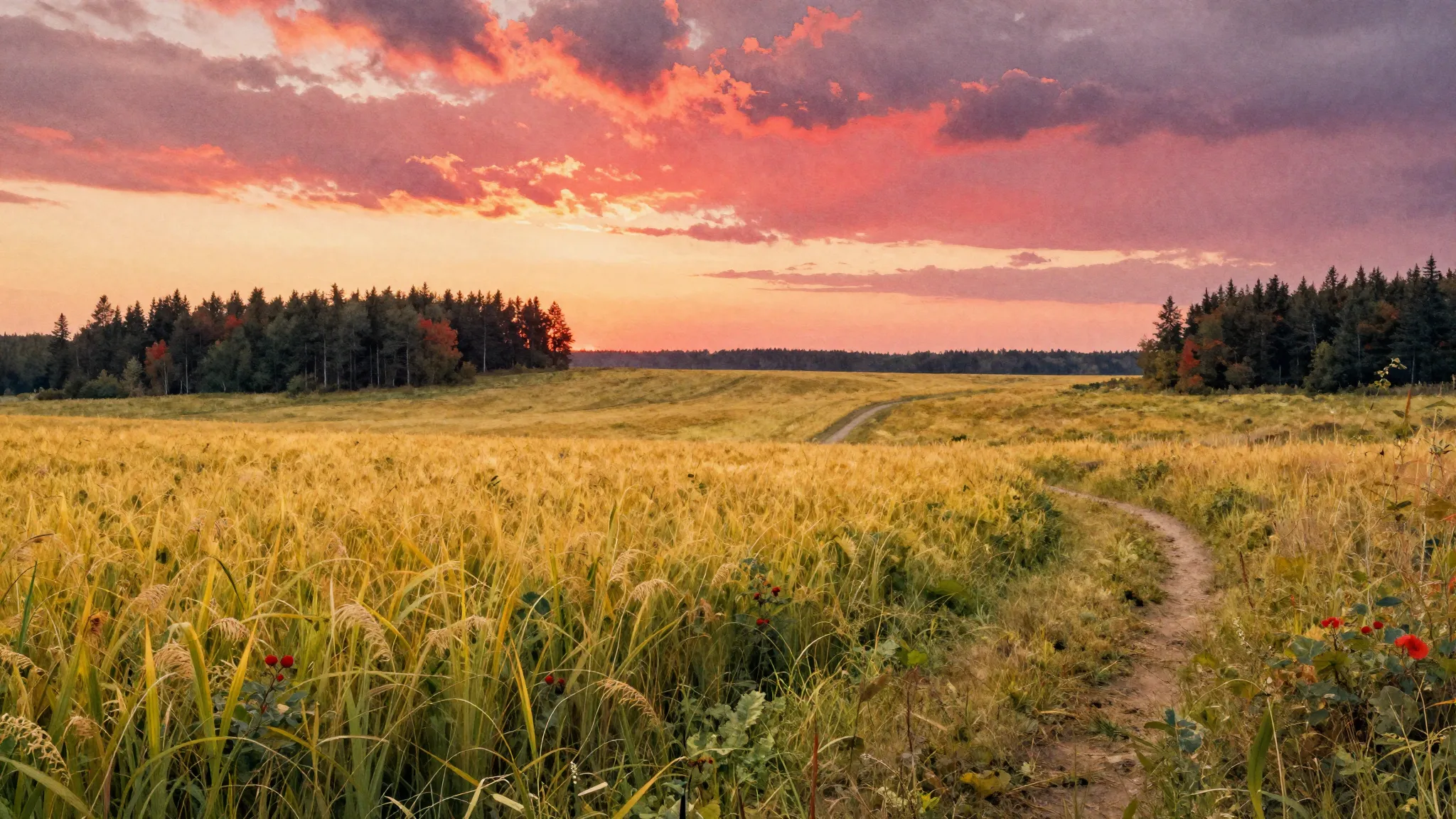 Watercolor style. A vast Russian landscape at sunset, golden...