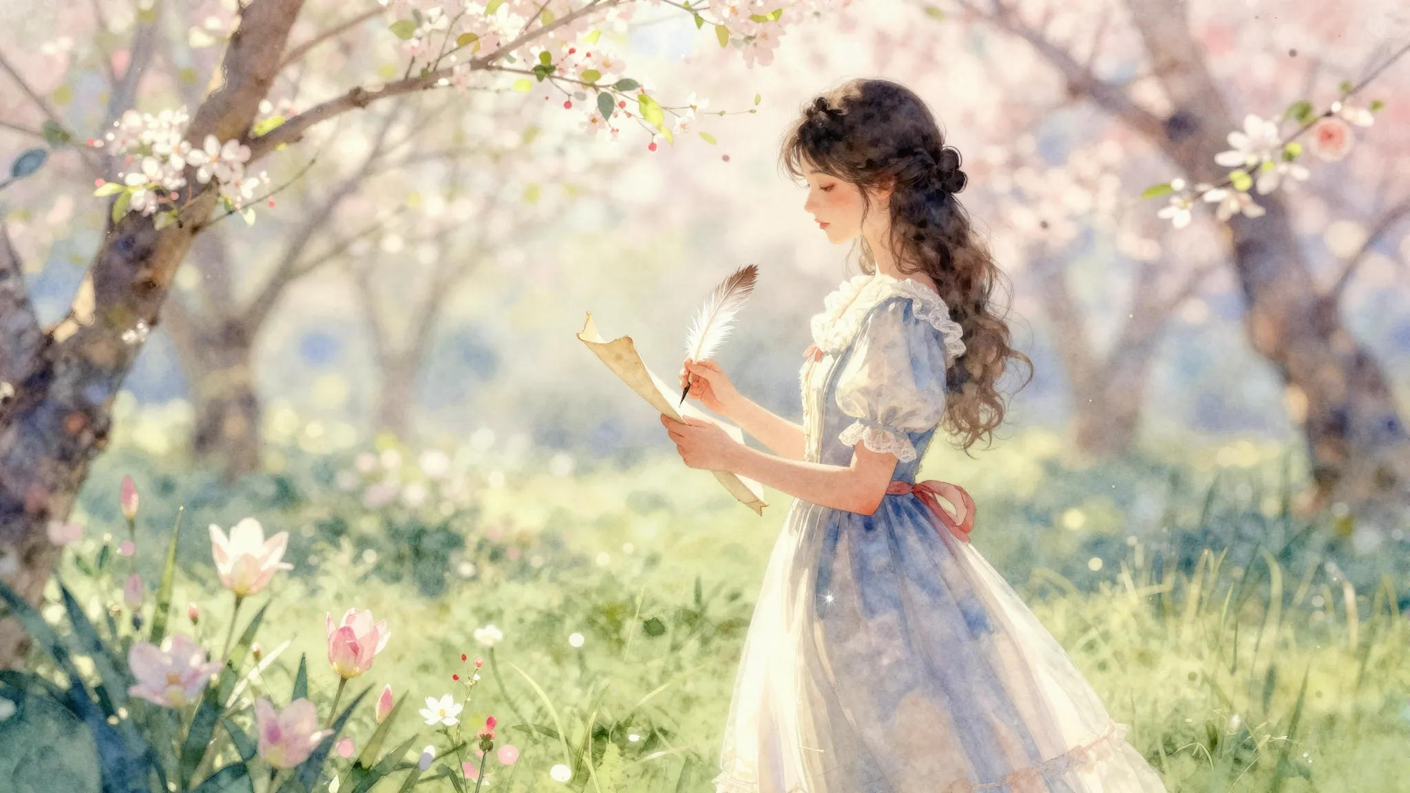 Watercolor style. A silhouette of a young woman in a vintage...