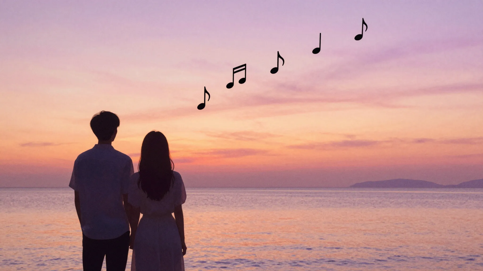 Watercolor style. A silhouette of a couple standing close, l...